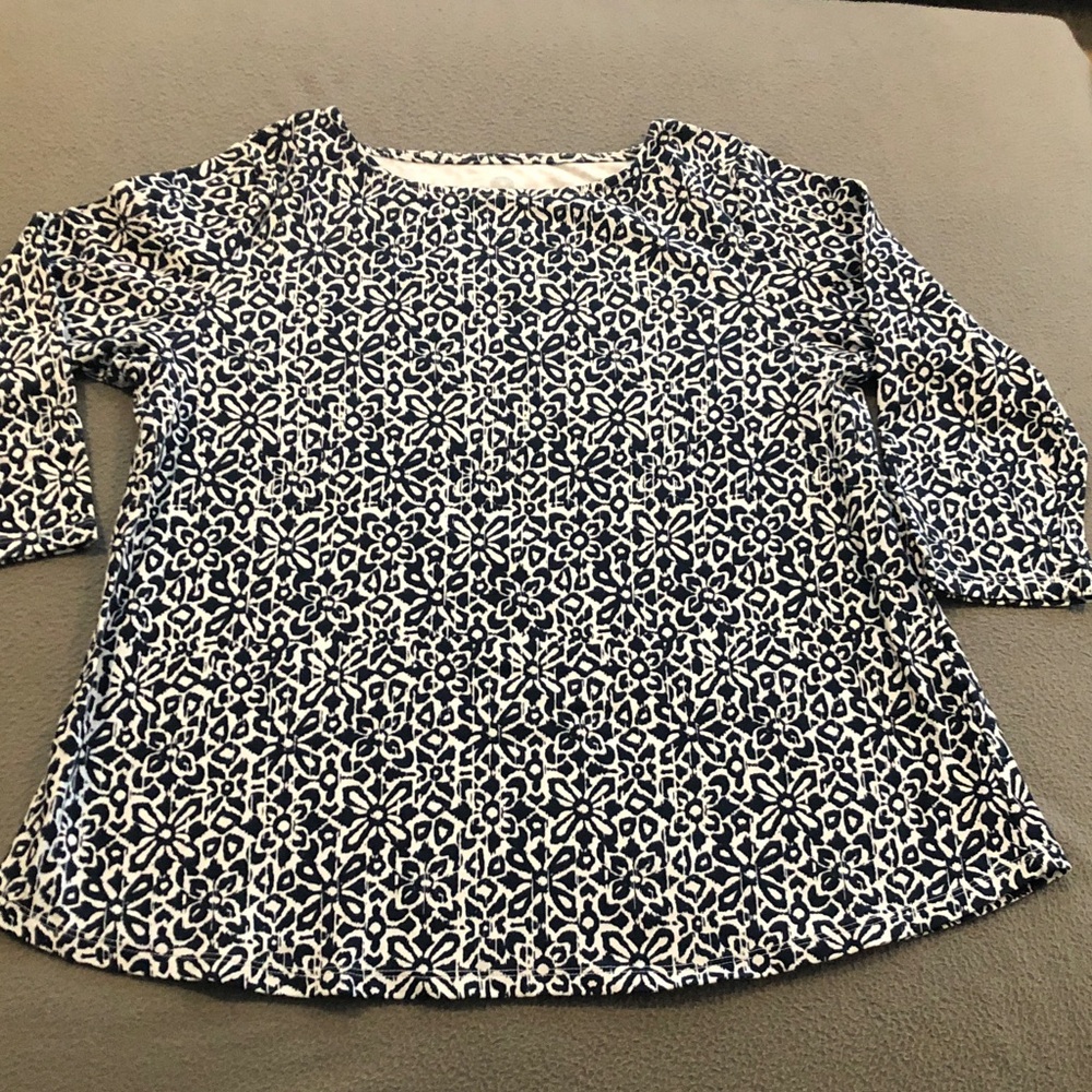 Ruby Rd. Road 3/4 Sleeve Navy & White Geometric Floral Patterned Blouse Sz Med.